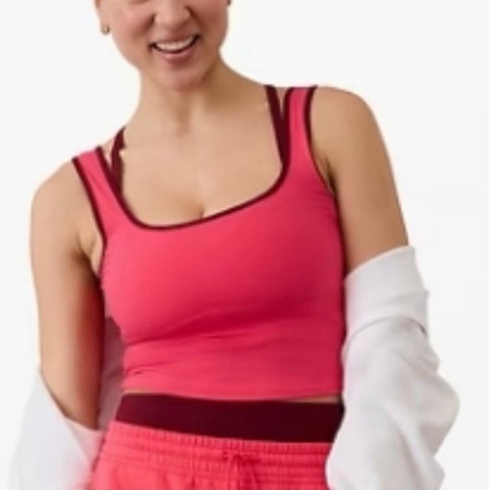 Athleta Signature Rib Square Neck Crop Tank Top Punch Coral Active Women's Sz L